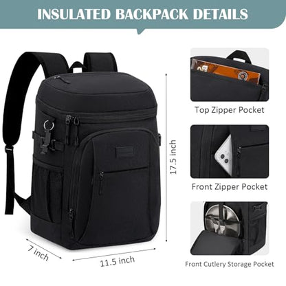 Tuwubi Cooler Backpack 35/42 Cans, Backpack Coolers Insulated Leak Proof for Men Women, Waterproof Soft Sided Lunch Camping Beach Travel Ice Chest Backpack Cooler Bag - color: Black, size: Large