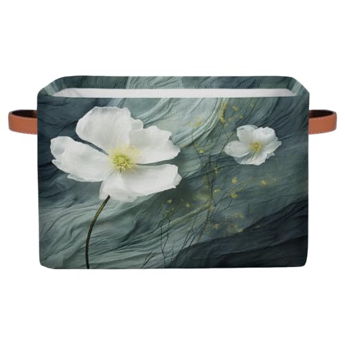 White Floral Flower Rectangular Storage Bin Collapsible Storage Basket Organizer Boxes with Leather Handle Storage Cube for Shelves Toy Laundry Nursery 1 PC - color: White Floral Flower, size: 1 Pc