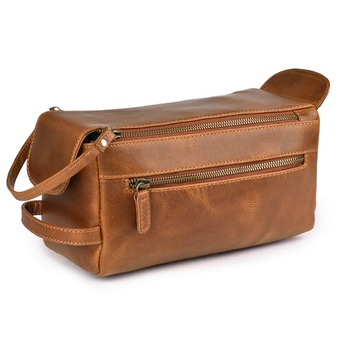 LEATHER VILLAGE Genuine Leather Travel Toiletry Bag - Water-Resistant Dopp Kit for Toiletries, Large Shaving Bag & Bathroom Organizer - Gift for Men & Women - Tan Brown - color: Sun Tan