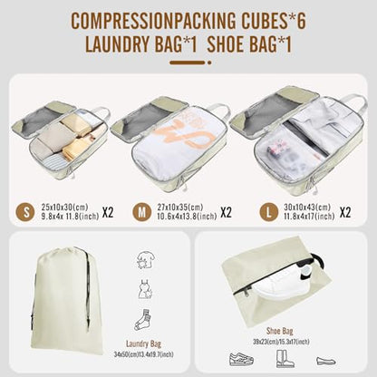 8 Set Compression Packing Cubes for Travel, Expandable Luggage Organizer with Shoe Bag & Laundry Bag - Lightweight Suitcase & Backpack Travel Essentials (Beige) - color: Beige