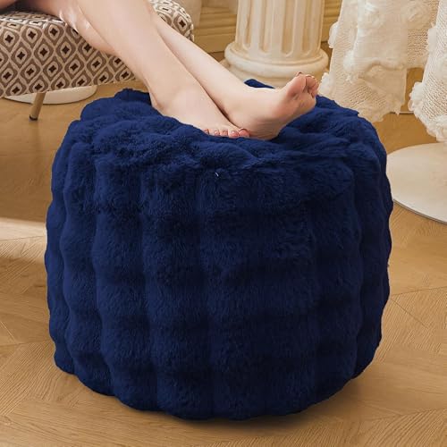 LIFEREVO Faux Rabbit Fur Round Inflatable Pouf Ottoman, 20" X 16" Plush Fuzzy Waffle Bubble Floor Poufs Foot Rest for Living Room Bedroom, Furry Pouf Foot Stool Couch Home Decor, Anti-Slip, Navy Blue - color: Navy Blue