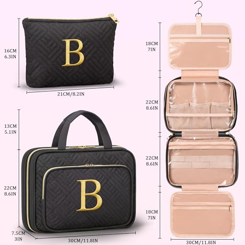 Gifts for Women, Initial Toiletry Makeup Bag Hanging Cosmetic Organizer with Embroidery Letter Personalized Nurse Teacher Appreciation Birthday Mothers Day Gifts for Mom Sister Wife Friends Auntie Her - style: B