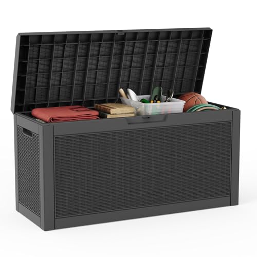 DRATO 60 Gallon Deck Box, Waterproof Resin Large Outdoor Storgae Box for Patio Furniture, Patio Cushions, Gardening Tools, Pool Supplies, Lockable (Black, 60 Gallon) - color: Black, size: 60 Gallon