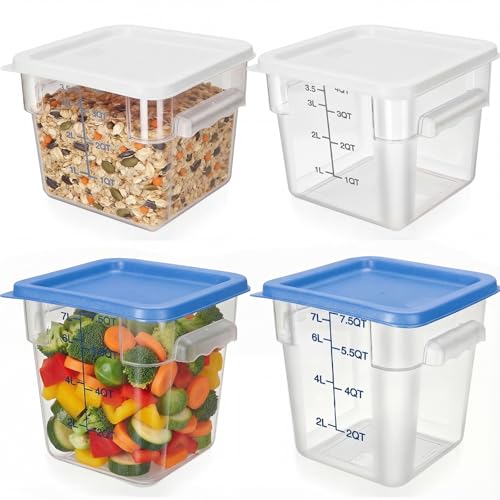Lallisa 4 Pcs 8qt & 4qt Clear Food Storage Containers with Lids Handles and Scales, Stackable Plastic Square Food Storage Containers for Dough Proofing Baking Kitchen Restaurant(White, Blue) - color: White, Blue