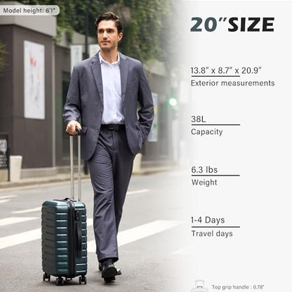 Coolife Carry On Luggage Airline Approved with Wheels Hard Shell Suitcase Spinner TSA Lock Telescopic Handle (20-inch-Teal blue) - color: Teal blue, size: Small(20in)