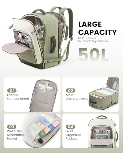 LOVEVOOK Large Travel Backpack for Women, TSA Carry on Backpack for Airplanes, 50L Personal Item Travel Bag for Women fits 17" Laptop,Waterproof Carry on Bag Airplane Approved with 3 Packing Cubes - color: Bean Green - Light Yellow - Dark Olive Green, siz