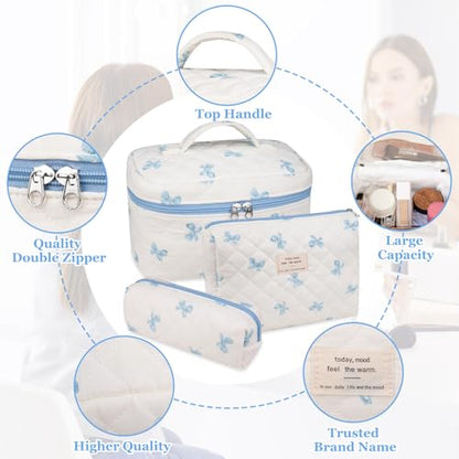 Gosect 3PC Makeup Bag Set, Quilted Makeup Bag, Large Floral Cosmetic Bag for Women, Cute Cotton Makeup Bags, Flower Travel Toiletry Organizer Bag (White and Blue Bow) - color: Pink Plaid Bow