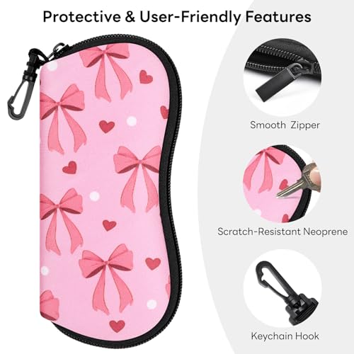 Sunglasses Case with Belt Clip, Ultra Light Neoprene Zipper Soft Padded Glasses Case for Women Men - color: Pink Bow