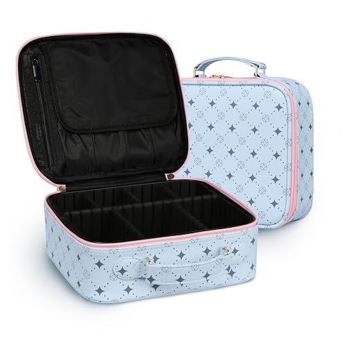 M Y U R E N Travel Makeup Bag,Waterproof Cosmetic Organizer, Adjustable Dividers,Portability Cosmetic Train Case,Makeup organizer,Gift for Women,Girls Gift (Blue+Pink) - color: Blue+Pink