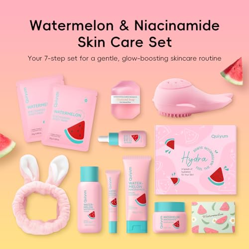 QUIYUM Watermelon Skin Care Kit for Teens Girls, 8 Daily Routine Beauty Skincare- Gift Set with Cleanser, Toner, Eye Cream, Moisturizer, Serum, 2 Facial Mask, Soap, Hydrate, Oil Control, Glow, Smooth - size: 7 Pieces