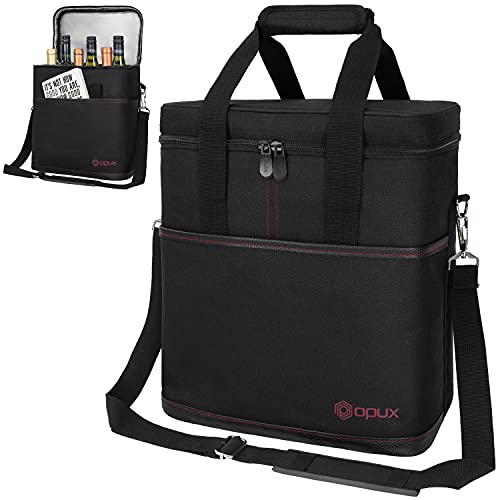 opux 6 Bottle Carrier Tote | Insulated Padded Wine Cooler Bag for Travel. Picnic, BYOB | Portable Leakproof Wine Tote Bag for Dinner, Party, Christmas, Wine Gift for Women, Men (Black) - color: Black, size: 6 Bottle