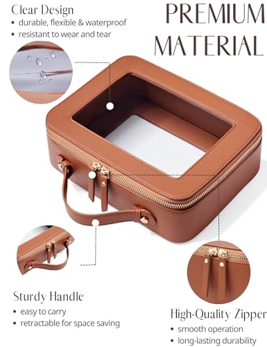 Popvibe Clear Makeup Bag Travel Cosmetic Case Transparent Toiletry Bag with Zipper, Portable Make Up Organizer Traveling Compact Car Bag for Essentials - color: Brown, style: Dual Elegance