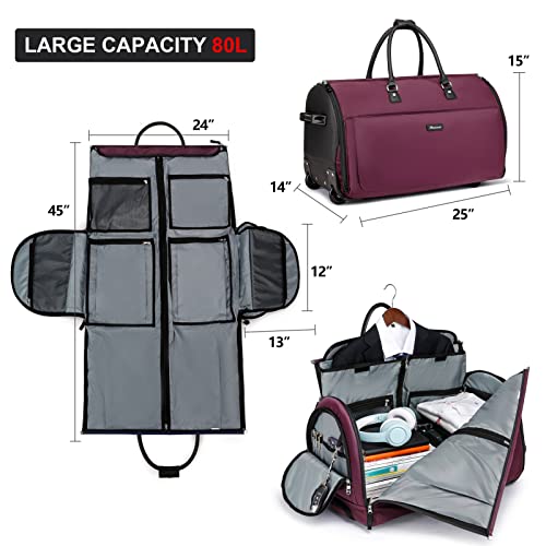Modoker Rolling Garment Bags, 25in Large Garment Duffle Bag with Wheels, 3 in 1 Garment Suit Luggage Bag, Not Standard Carry-On Size for Women Men Business Travel Weekender, Red - color: 25in-Red