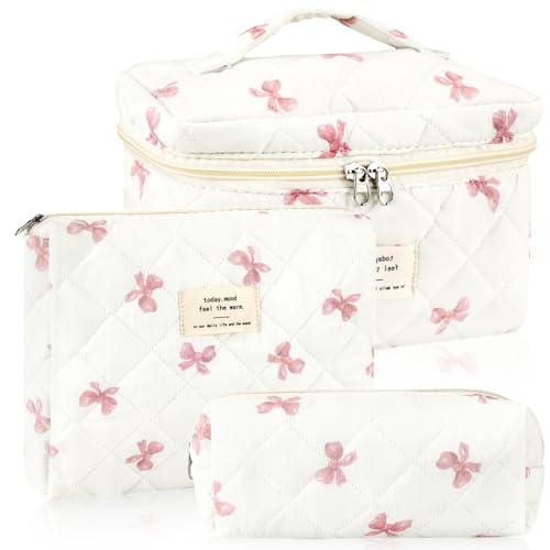 URSKYTOUS 3Pcs Cotton Quilted Makeup Bag for Women Extra Large Coquette Small Floral Travel Cosmetic Bag Set Aesthetic Cute Bow Makeup Pouch Portable Toiletry Bag Puffy Essential Storage Organizer - color: MM 3PCS Pink Small Bow