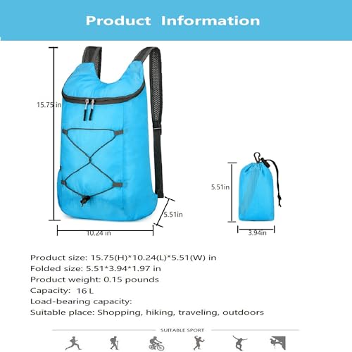levayhill 16L Foldable Hiking Backpack,Small Packable Daypack, Blue | Lightweight ,Outdoor Collapsible Rucksack,Ultralight Folding Back Pack, Water Repellent, Men Women Travel Gym, Easy Carry-on - color: Blue