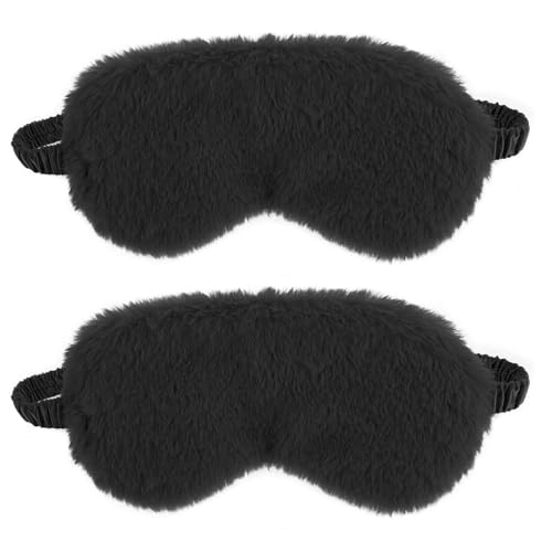2 Pcs Black Plush Eye Mask Soft Sleeping Blindfold Eye Cover Comfortable Furry Faux Fur Sleeping Mask Satin Nap Night Eyeshade Cover for Women Men Gift - color: Black