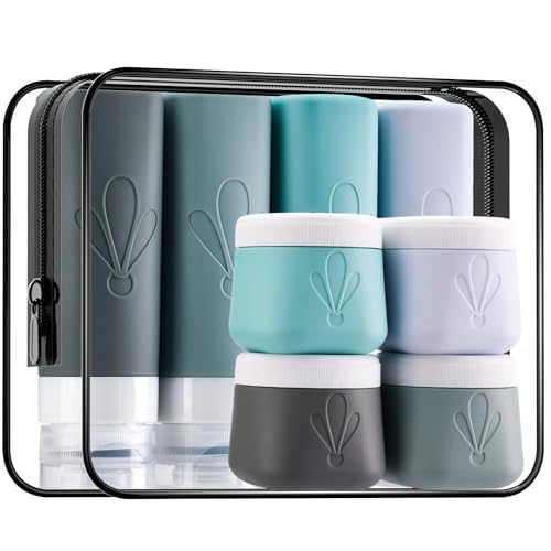 INSFIT travel bottles for toiletries 8 Pack, Leak proof Travel Size Toiletries Containers with toiletry bag, Squeezable Silicone Bottles & Cream Jars, Travel Essentials BPA-Free kit for Shampoo - color: 8Pack Gray, size: 3oz,2oz