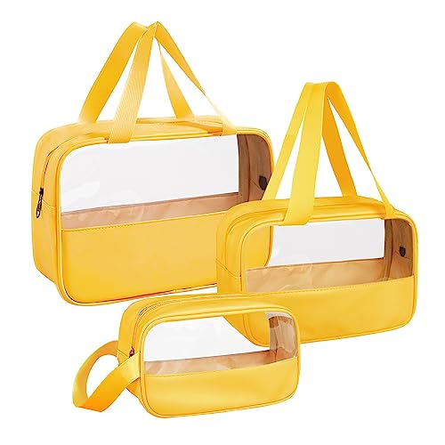 Clear Makeup Bag, 3 Pcs of Cosmetic Bags Set, Transparent PVC Travel Makeup Pouch, Waterproof Cute Toiletry Bag for Women (Yellow) - color: Z-Yellow-3pcs, style: 3pcs