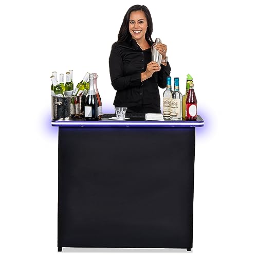 GoBar Portable Bar Table for Events - Black, 3 Skirts, or LED - Pop Up Mobile Bartending Station with Travel Carrying Case - color: Led Black Skirt