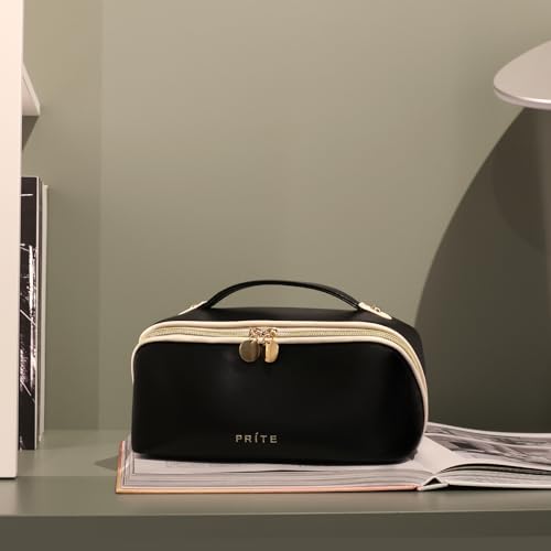 Prite Makeup Bag for Women Travel Waterproof Vegan Leather Cosmetic Bag Open Flat Toiletry Bag With Clear Divider and Handle (Black, Medium) - color: Black, size: Medium