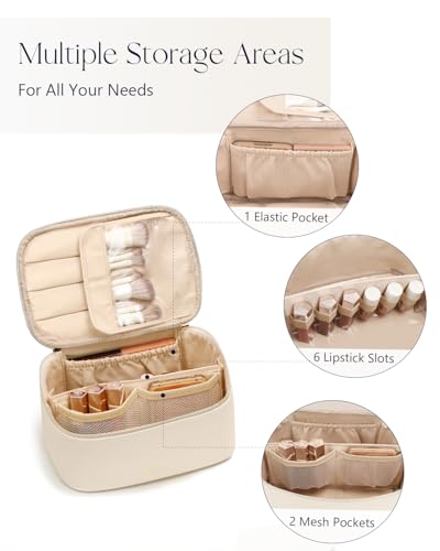 Prite Makeup Bag, Large Capacity Cosmetic Bag for Women and Girls, Waterproof PU Leather Travel Makeup Case, Toiletry Organizer with Handle and Divider for Skincare and Brushes - Beige - color: Beige