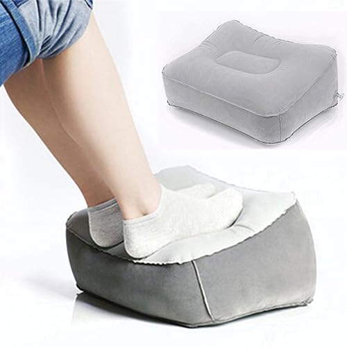 Inflatable Travel Foot Rest Pillow, Head Pad, Soft Flocking Pillow, Flights Relax Cushion Ottomans Leg Up with Air Pump for Office, Home Relax, Camping and Travel Use (Gray) 1PCS