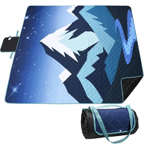 Tirrinia Picnic Blanket Waterproof, 70"x80" Extra Large Outdoor Blanket Waterproof, 3-Layer Foldable Picnic Mat with Sandproof Backing for Beach, Camping, Hiking, Park, Travel - color: Navy Mountain