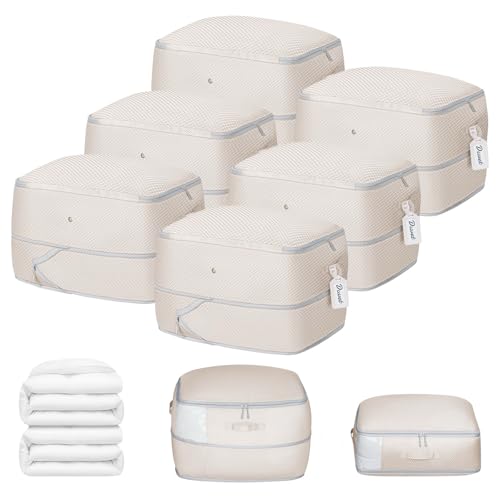 DIMJ Comforter Storage Bag 6 Pack - Blanket Storage Organizer Compression Bags, Large Capacity Ultra Space Saving Self Compression Organize for Bedding, Pillow, Duvet, Sheet Storage with Zipper Window - color: Beige, size: 66L x 6 Pack