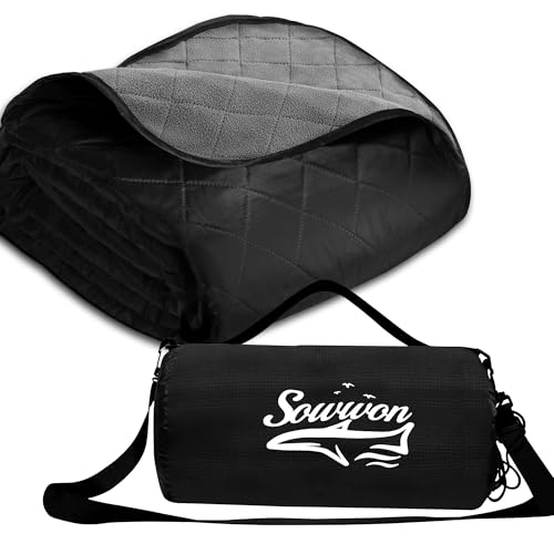 Waterproof Outdoor Blanket 92”X 60” Packable, Stadium Blankets for Camping with Quilted Fleece Lining, Large Windproof Emergency Throw Mat for Garss Picnic Hiking Road Trip, Machine Washable, Black - color: Fleece Black-300 Gsm, size: 92"x 60"