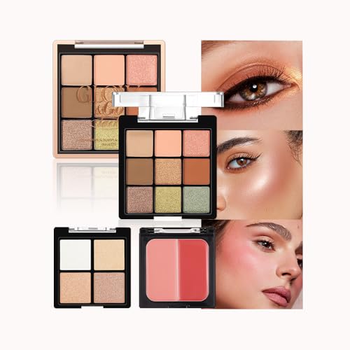 All-in-One Makeup Palette – 9 Color Matte & Pearlescent Eyeshadow, 4 Color Shimmer Highlighter, 2 Color Buildable Blush – Long Lasting, Blendable Face & Eye Makeup Kit (02#, 1 Count (Pack of 1)) - color: K02