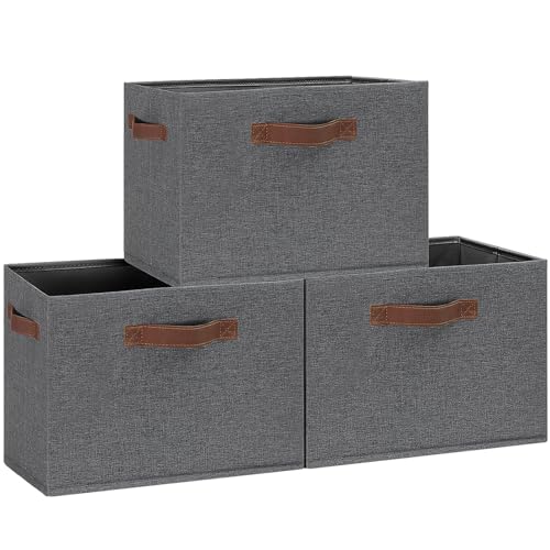 GhvyenntteS Large Fabric Storage Bins with 3 Handles, 15x11x9.6 Inch Storage Baskets for Shelves, Foldable Closet Storage Bins for Shelves, Closet Organizers and Storage Boxes, Gray - color: Gray, size: Large-3 Pack