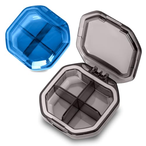 2 Pack Small Pill Organizer, 4 Compartment Pill Box for Travel, 2-Inch Portable Pocket Pill Case for Purse, Vitamin & Supplement Medication Organizer, Travel Essentials Container (Grey+Blue) - color: Grey+blue