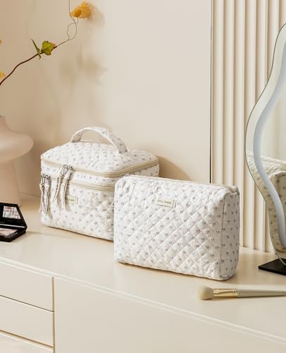 HBselect 2Pcs Travel Makeup Bag, Large Cotton Quilted Makeup Bag Cosmetic Bag Cute Make up Bag Toiletry Bags for Women Girls - color: 2PCS-FLOWER