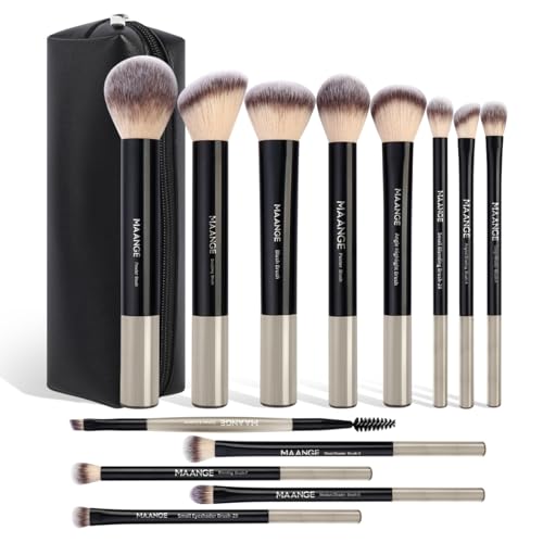 MAANGE 13 PCS Makeup Brushes Professional Make Up Brushes Premium Synthetic Powder Concealers Brushes Travel Makeup Brush Set with Case (Black) - color: Black