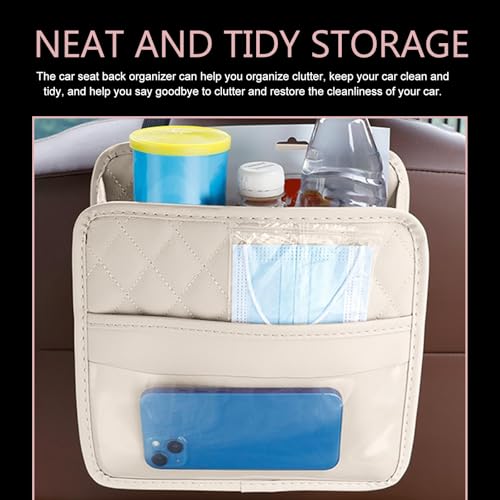 Car Seat Back Organizer, PU Leather Auto Hanging Storage Pocket, Multipurpose Upgrade Waterproof Back Seat Organizer, Travel Essential Accessory, Universal for Most Cars (Beige)