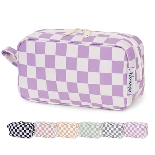 Narwey Small Checkered Makeup Bag for Purse Travel Makeup Pouch Mini Cosmetic Bag Zipper Pouch for Women (Purple Checkerboard, Small) - color: AA-Purple Checkerboard, size: Small