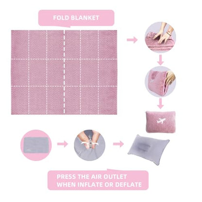 3 in 1 Travel Blanket Pillow Set - 350 GSM Thick Travel Blanket Airplane Compact with Bag, Soft Bag with a Pocket, Inflatable Travel Pillow for Camping & Car Trip (Blush Pink) - color: Blush Pink