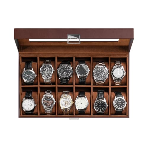 ProCase Watch Box Organizer, Fathers Day Gift for Dad, 12 Slot Watch Display Case With Glass Lid, Watch Storage Holder Mens Watch Case, Anniversary Birthday Gifts -12 Slot, Brown - color: Brown, size: 12-Slot