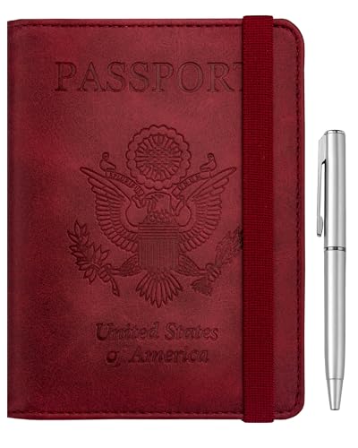 WALNEW Passport Holder for Travel, RFID Passport Cover Wallet for Women Men, PU Leather Passport Book Card Holder Case with Pen, Travelling Essentials for Flying - color: A-Red, style: Elastic Band Closure