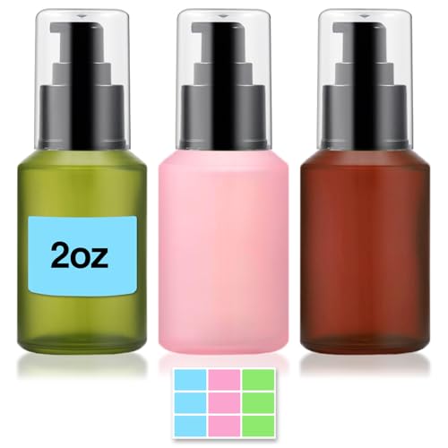 2oz Frosted Glass Pump Bottle Dispenser, 3pcs Empty Travel Size Bottles with Pump, 60ml Refillable Travel Lotion Container, Mini Liquid Containers for Creams Oils Bottle in Mixed Color - color: Green Pink Brown, size: 2 OZ