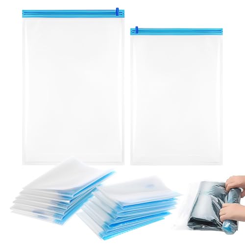 NUOBESTY 12 Pcs Vacuum Compression Travel Storage Bags, Space Saver Clothes Organizer, Reusable Roll-up Packing Bags for Suitcases, 40x60cm 50x70cm Set