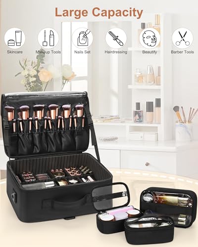 Relavel Large Makeup Bag with 3 Removable Pouches, Travel Train Case Cosmetic Organizer Carrying Box for Makeup Artists Hairstylist with Adjustable Dividers, Brush Holder and Shoulder Strap, Black - color: black with 3 clear bags, size: Large
