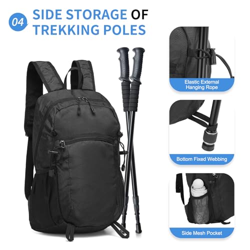 Hiking Daypack Packable, Camping Backpack Water Resistant Lightweight Polyester for Men Women Travel Outdoor - color: Black