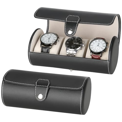 3-Slot Travel Case Roll Organizer for Men, Vegan PU Leather Display Storage Holder for Watch Collection (Black) - color: Black