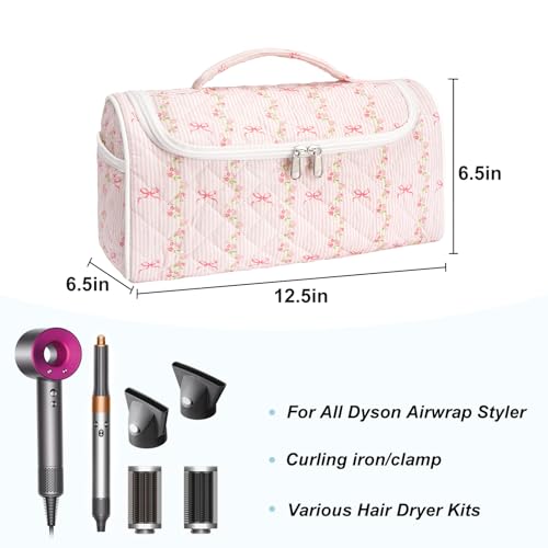 Quilted Hair Tools Travel Bag, Cute Portable Organizer Case with Hanging Hook, Compatible with Dyson Airwrap Styler,Hair Curler Accessories - color: Striped Bow