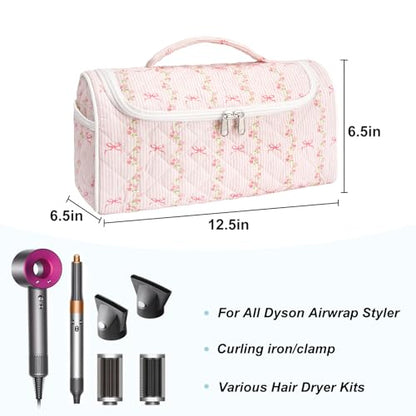 Quilted Hair Tools Travel Bag, Cute Portable Organizer Case with Hanging Hook, Compatible with Dyson Airwrap Styler,Hair Curler Accessories - color: Striped Bow