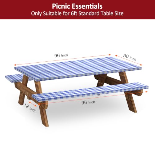 8ft Picnic Table and Bench Cover, Camping Essentials RV Gear, 96 in Waterproof Windproof Outdoor Elastic All Around Tablecloth, Fitted Rectangle Tables and Seats, Blue-White Checkered - color: Blue-white Checkered, size: 96"