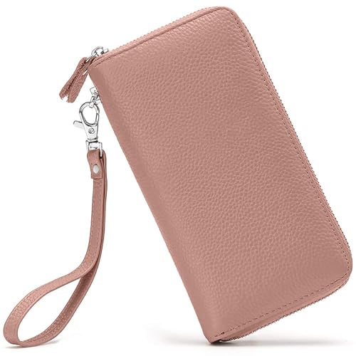 Moflycom Womens Wallet RFID Blocking Genuine Leather Zip Around Wallet Clutch Wristlet Travel Long Purse for Women - color: Pink