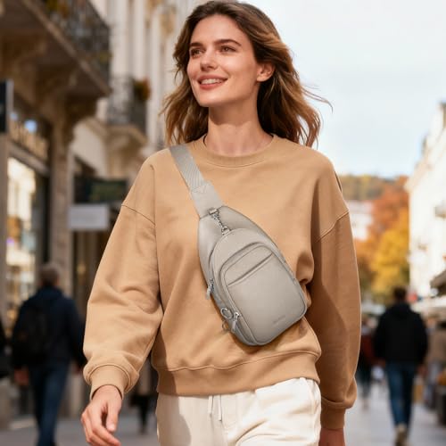 befen Genuine Leather Small Sling Bag for Women Anti-Theft Crossbody Chest Bags Multi-Pockets Fanny Pack with RFID Card Slots - color: Beige Grey