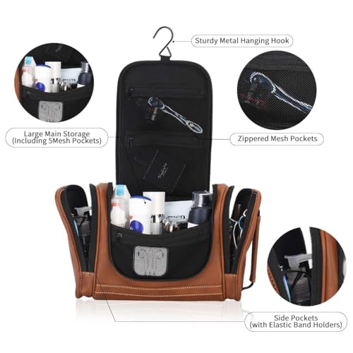 MIRASON Travel Toiletry Bag, Hanging Toiletry Bag for Men, Leather Travel Shower Bag for Toiletries Dopp Kit Bathroom Bag with Metal Hook, Gift for Men (Brown) - color: Brown